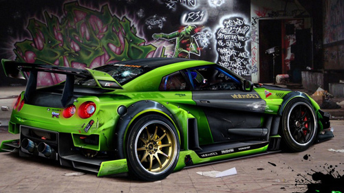 Green Car with Graffiti